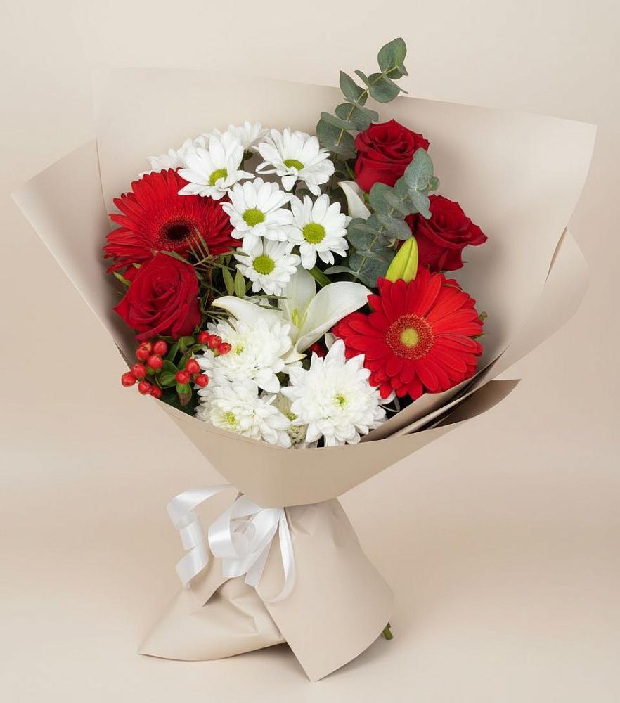 Букет цветов из: Розы, Хризантемы, Герберы и Лилии в Советском Республика Дагестан